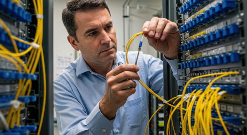 Techniker verbindet gelbe MTP Patchkabel mit einem Glasfaser Patchpanel im Serverraum – Fokus auf professionelle Netzwerkverkabelung